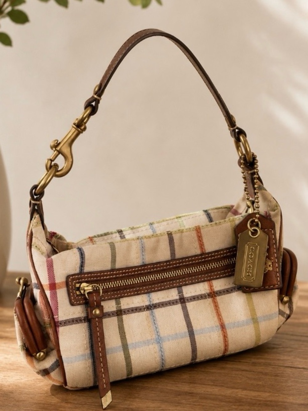 Coach Tattersall Bag Pochette Plaid Canvas Leather Trim Zipper Closure Kiss Lock